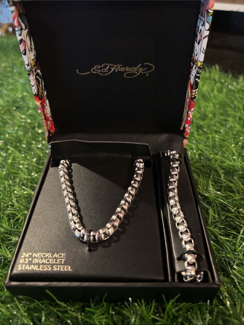 Ed Hardy Silver and Black Stainless Steel Necklace and Bracelet Set